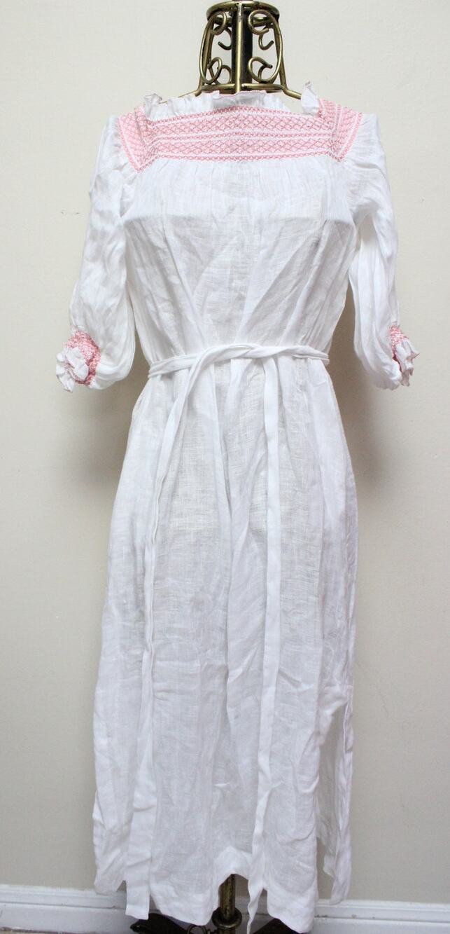Lisa Marie Fernandez White Pink Embroidered Smocked Linen Midi Dress Size 1/US 2
